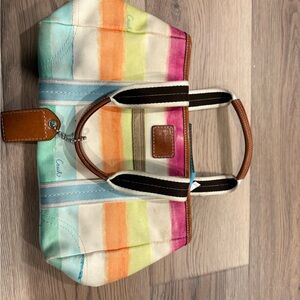 Coach Rainbow Stripe Canvas Tote with Leather Trim